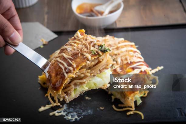 Hiroshima Style Okonomi Japanese Pancake Stock Photo - Download Image Now - Okonomiyaki, Hiroshima Prefecture, Cabbage
