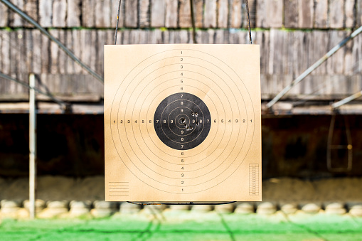 3D Target and goals concept: Arrow hits bulleye illustration on white background. Dart board with cylindrical lines. Planning investment, business success, financial strategy, purpose achievement. Horizontal composition, copy space and clipping path for easy edit.