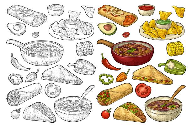 Mexican traditional food set with Guacamole, Enchilada, Burrito, Tacos, Nachos Mexican traditional food set with Guacamole, Quesadilla, Enchilada, Burrito, Taco, Nachos, chili con carne with ingredient. Vector vintage color engraving illustration isolated on white background. guacamole restaurant mexican cuisine avocado stock illustrations