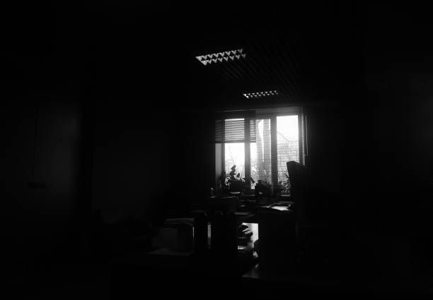 istock Black and white minimal office room interior background 1124529082