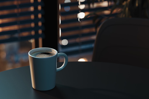 Close up of white coffee or tea cup on wooden table in modern office at night time. 3d rendering. excessive hours or overtime concept.