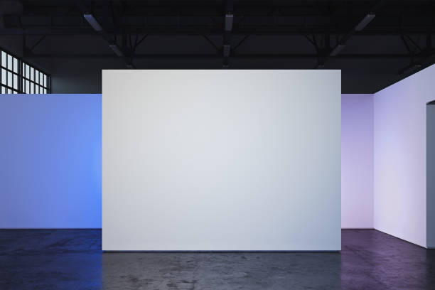 istock Canvas blank placard on white illuminated wall in showroom, 3d rendering. 1124529906