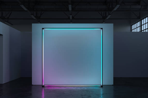 istock Canvas blank placard on white illuminated wall in showroom, 3d rendering. 1124529910