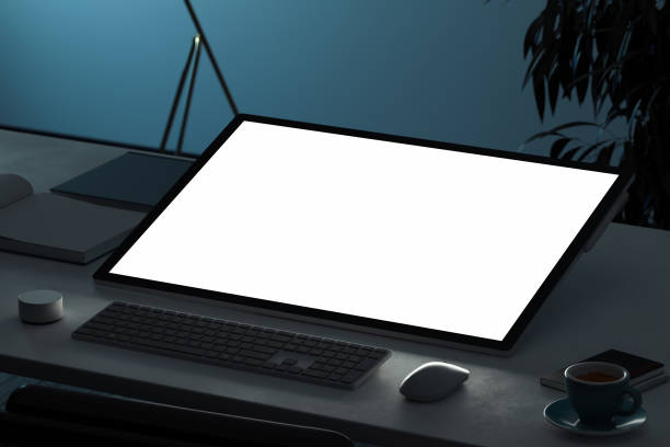 istock Tablet with blank white screen, mouse and keyboard on desk. 3d rendering. 1124529914