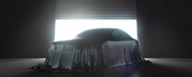istock Presentation of the car covered with black cloth. 3d rendering 1124529927