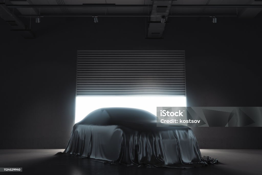 Presentación del coche cubierto con tela negra. Render 3D - Foto de stock de Coche libre de derechos