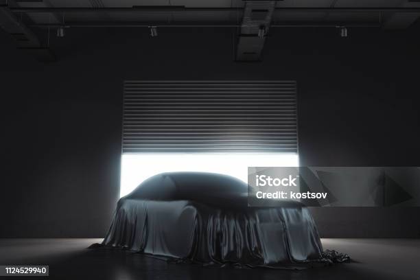 Presentation Of The Car Covered With Black Cloth 3d Rendering Stock Photo - Download Image Now