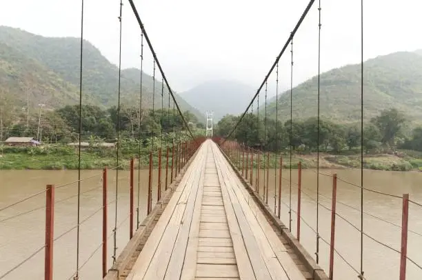 A view of a suspension bridge over Mekong river in perspective