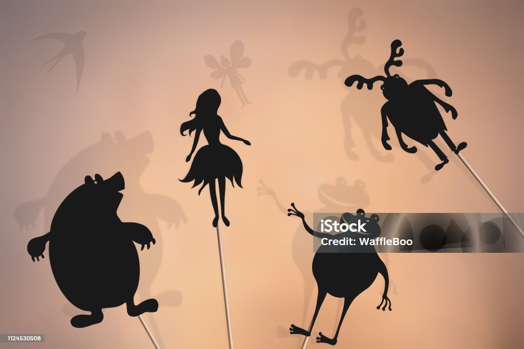 Thumbelina fairy tale, shadow puppets Shadow puppets of Thumbelina,  mole, stag beetle (may bug) and toad. Animal Body Part stock illustration