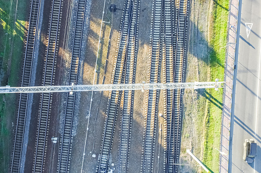 Top view of the railway. Railway rails and sleepers