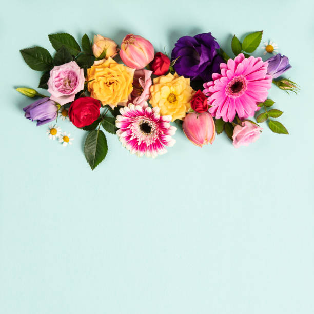 istock Creative layout made with beautiful flowers on blue background. Flat lay. Spring minimal concept 1124532332