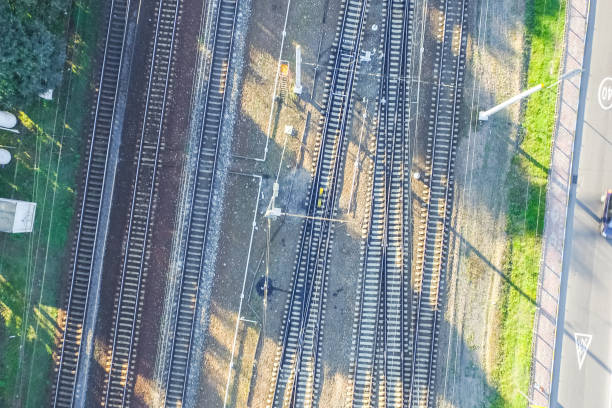 istock Top view of the railway. Railway rails and sleepers. 1124532496