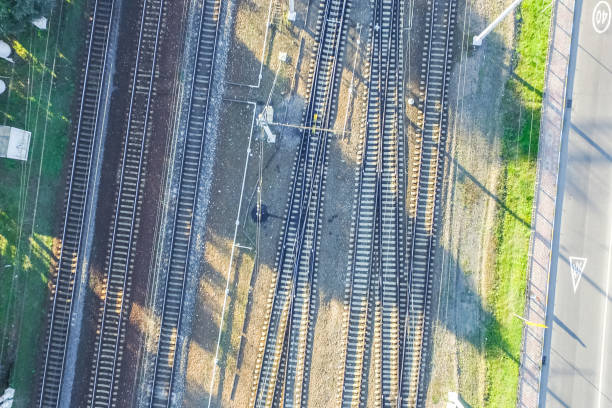istock Top view of the railway. Railway rails and sleepers. 1124532507