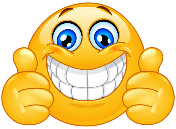 Big smile emoticon with thumbs up Emoticon with big toothy smile showing thumbs up cheesy grin stock illustrations