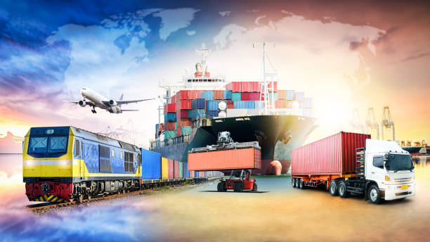 negocios importación exportación fondo y contenedor de carga carga barco transporte concepto de logística - cargo container container ship freight transportation transportation fotografías e imágenes de stock
