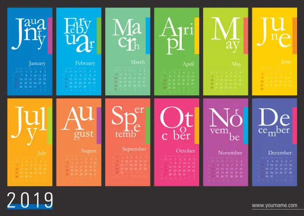 Vector illustration of 2019 creative calendar with rainbow design