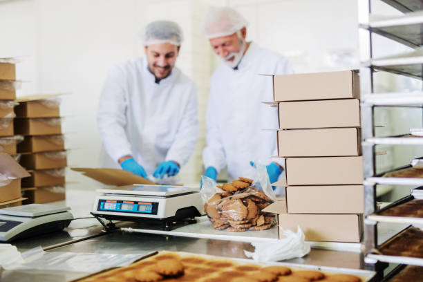istock Two male workers in sterile white uniforms and blue rubber gloves packing cookies while standing in food factory. 1124533373