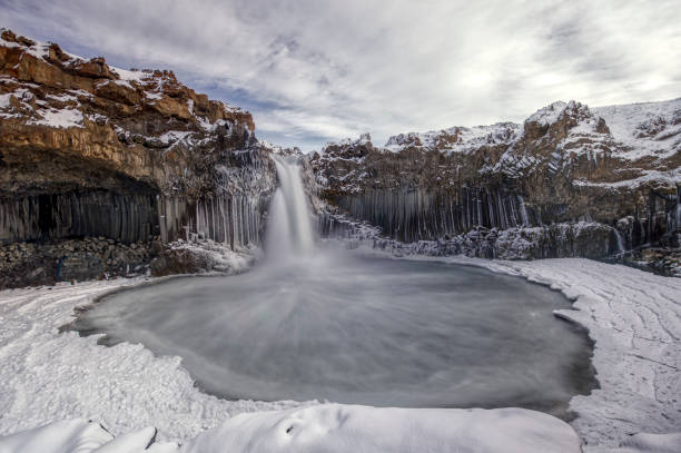 waterfall of Aldeyjarfossin iceland in winter stock photo