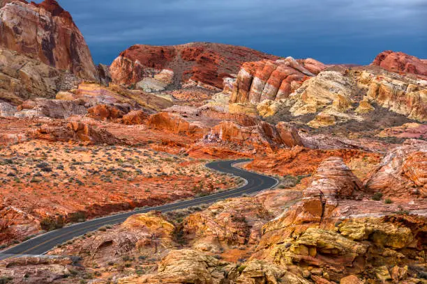 Photo of Empty Desert Road on Red Rock Canyon after storm Panorama