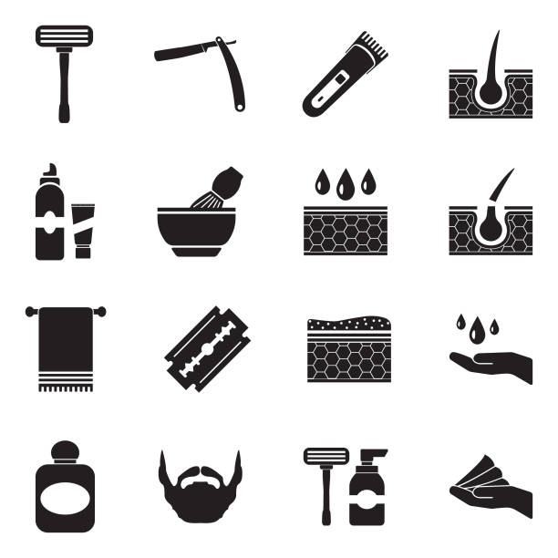 Shaving Icons. Black Flat Design. Vector Illustration. Man, Saloon, Beauty, Style safety razor stock illustrations