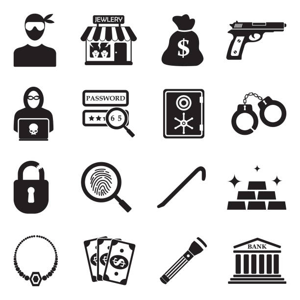 dieb-symbole. schwarze flache bauweise. vektor-illustration. - computer icon symbol police handcuffs stock-grafiken, -clipart, -cartoons und -symbole