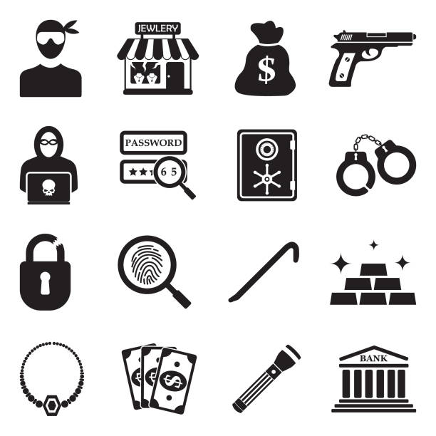 ilustrações, clipart, desenhos animados e ícones de ícones de ladrão. projeto liso preto. ilustração em vetor. - crime flashlight detective symbol