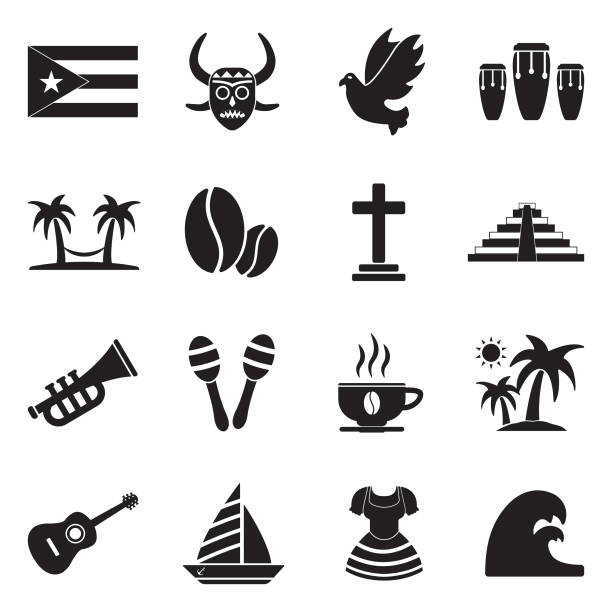 ilustraciones, imágenes clip art, dibujos animados e iconos de stock de iconos de puerto rico. diseño plano negro. ilustración de vector. - puerto rico