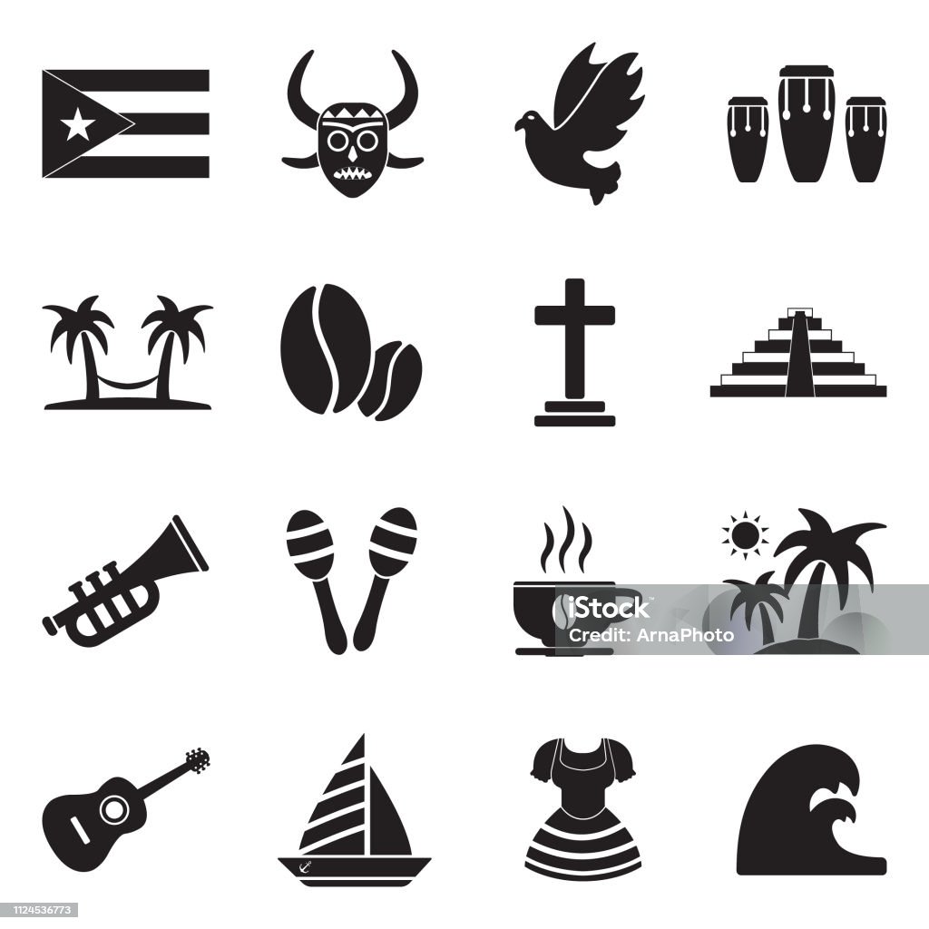 Puerto Rico Icons. Black Flat Design. Vector Illustration. American, Rican, Music, Art Puerto Rico stock vector