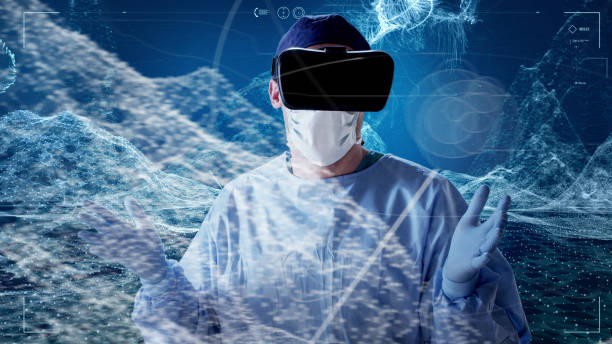 istock Man wearing virtual reality glasses during research. Virtual mountains 1124538868