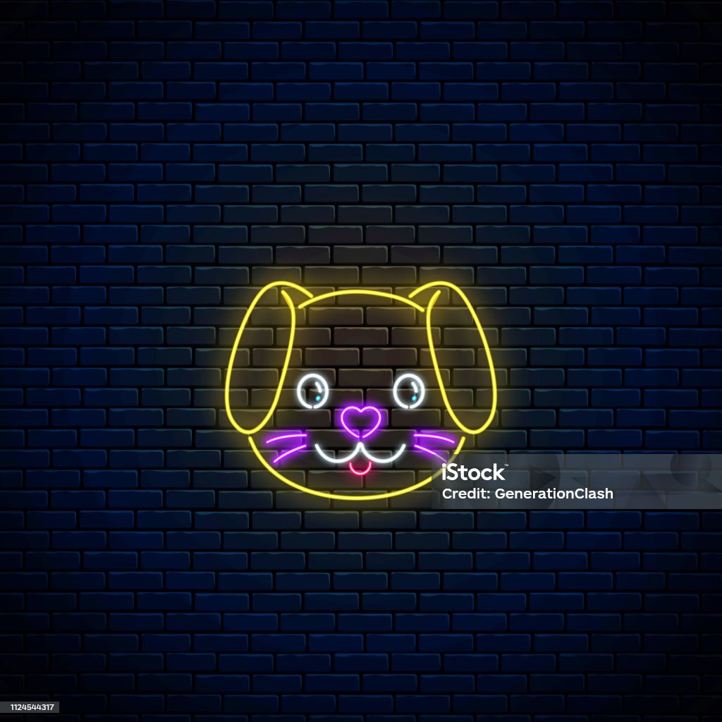 Glowing neon sign of cute dog in kawaii style. Cartoon happy smiling puppy in neon style. Glowing neon sign of cute dog in kawaii style on dark brick wall background. Cartoon happy smiling puppy in neon style. Vector illustration. Dog stock vector