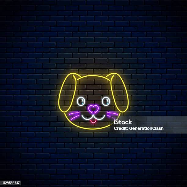 Glowing Neon Sign Of Cute Dog In Kawaii Style Cartoon Happy Smiling Puppy In Neon Style Stock Illustration - Download Image Now