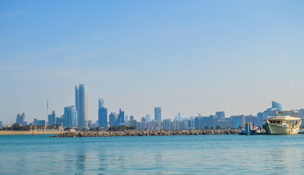 istock Abu Dhabi city skyline along Corniche beach taken from a boat 1124546398