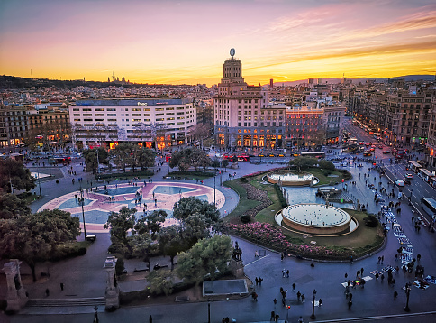 Plaça de catalunya at sunset in Barcelona. Spain