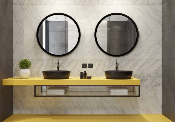 istock Contemporary bathroom with yellow honeycomb tiles 1124548906