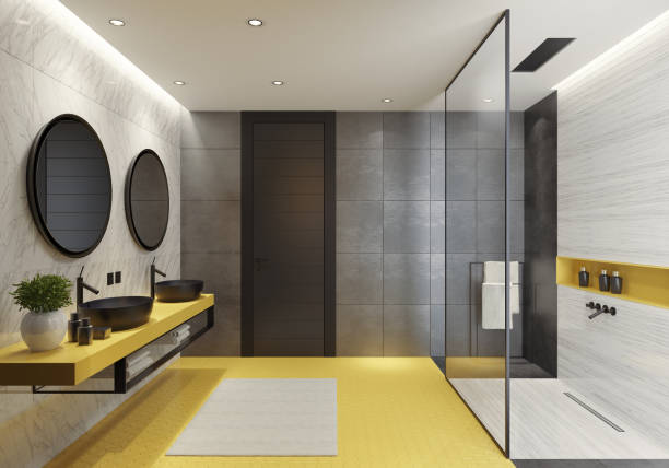 istock Contemporary bathroom with yellow honeycomb tiles 1124549454