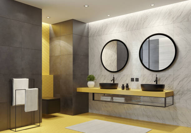 istock Contemporary bathroom with yellow honeycomb tiles 1124549876