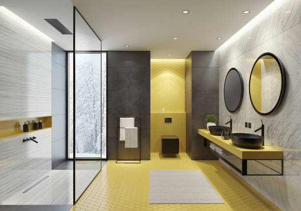 современная ванная комната с желтой сотовой плиткой - bathroom black faucet стоковые фото и изображения