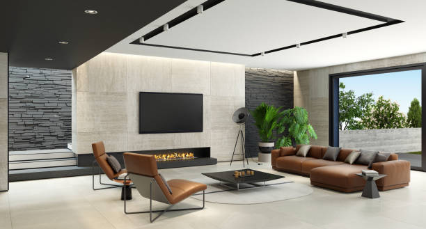 istock Modern minimalist living room with eco fireplace 1124550467