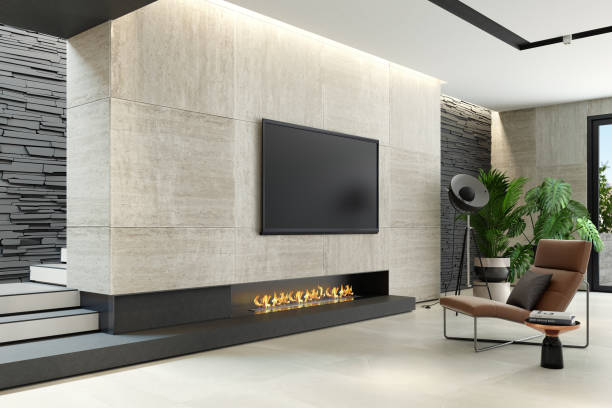 istock Modern minimalist living room with eco fireplace 1124550522