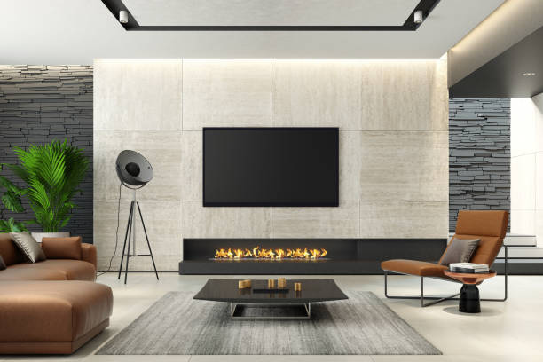 istock Modern minimalist living room with eco fireplace 1124551109