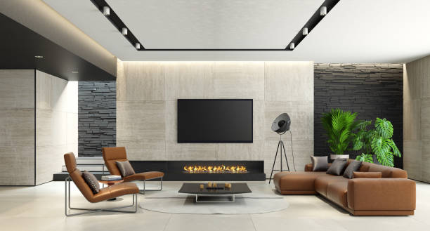 istock Modern minimalist living room with eco fireplace 1124551112