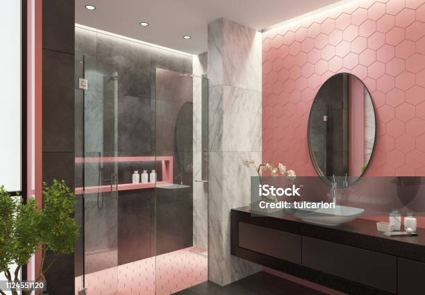 Contemporary Bathroom With Light Pink Honeycomb Tiles Stock Photo - Download Image Now