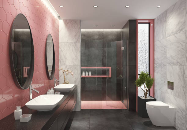 istock Contemporary bathroom with light pink honeycomb tiles 1124551131