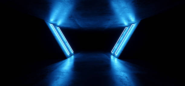 istock Futuristic Sci Fi Modern Realistic Neon Glowing Blue Led Laser Light Tubes In Grunge Rough Concrete Reflective Dark Empty Tunnel Corridor Background 3D Rendering 1124553501