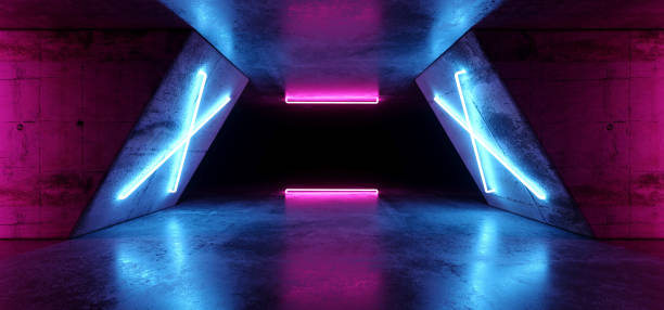 istock Futuristic Sci Fi Modern Realistic Neon Glowing Purple Pink Blue Led Laser Light Tubes In Grunge Rough Concrete Reflective Dark Empty Tunnel Corridor Background 3D Rendering 1124553745