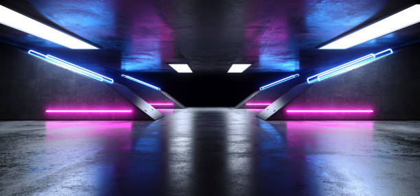istock Futuristic Modern Sci Fi Realistic Grunge Concrete Reflective Dark Empty Underground Tunnel Corridor With Neon Glowing Purple Blue Pink Laser Tube Lights 3D Rendering 1124553841
