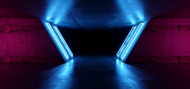 istock Futuristic Sci Fi Modern Realistic Neon Glowing Purple Pink Blue Led Laser Light Tubes In Grunge Rough Concrete Reflective Dark Empty Tunnel Corridor Background 3D Rendering 1124554191