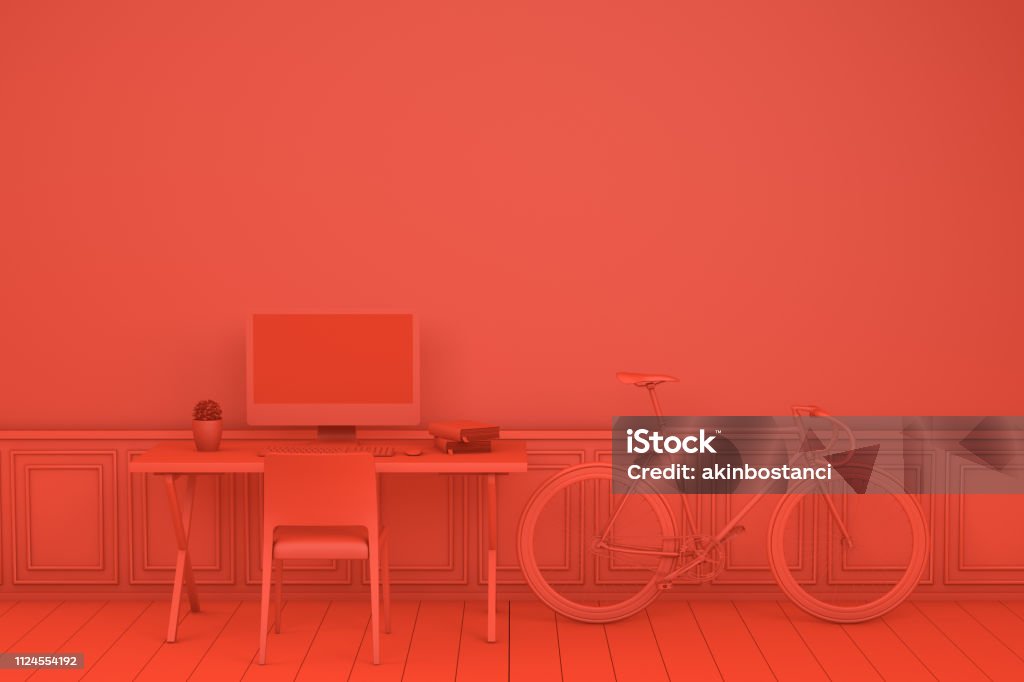 Workplace with Blank Screen Monitor in modern interior, red background Workplace with Blank Screen Monitor in modern interior, Home office concept, 3d render. Red Background Three Dimensional Stock Photo