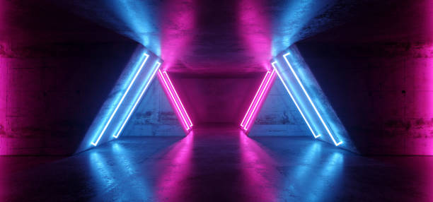 istock Futuristic Sci Fi Modern Realistic Neon Glowing Purple Pink Blue Led Laser Light Tubes In Grunge Rough Concrete Reflective Dark Empty Tunnel Corridor Background 3D Rendering 1124554286