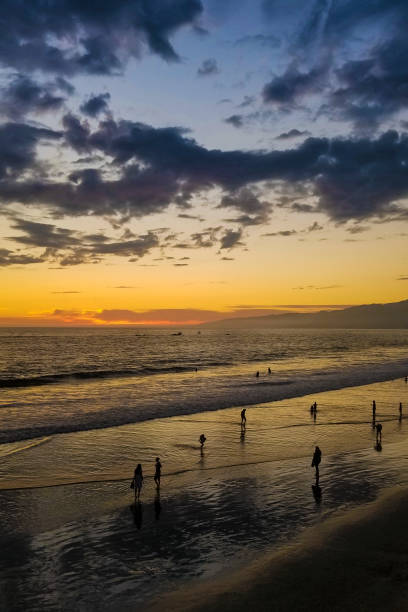 Beach on Pacific ocean during sunset in Los Angeles, California.